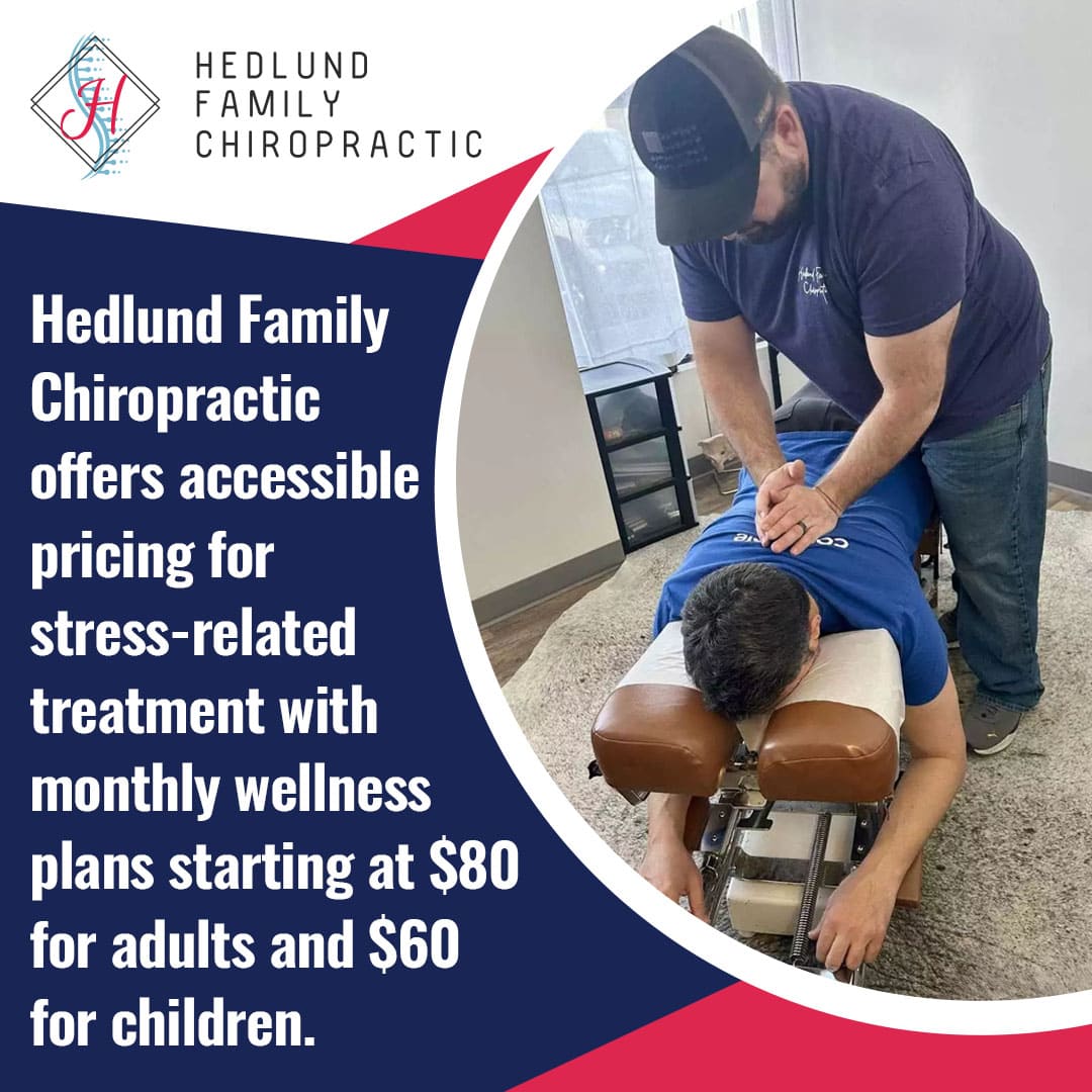A chiropractor adjusts a male patient's back on a chiropractic table. The text highlights Hedlund Family Chiropractic's accessible pricing for stress-related treatment, with monthly wellness plans starting at $80 for adults and $60 for children.
