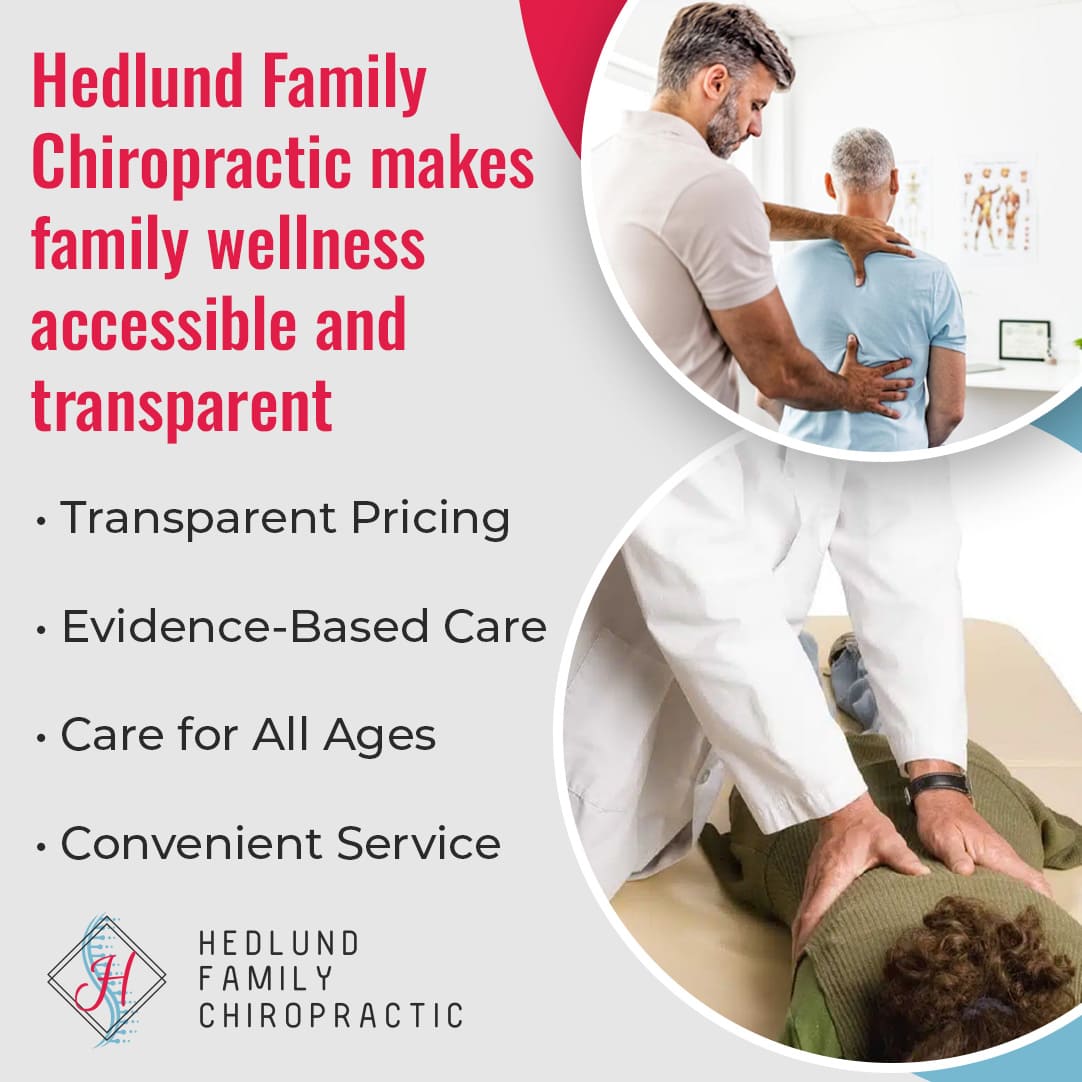 The image includes two circular insets showing a chiropractor performing back adjustments on different patients.