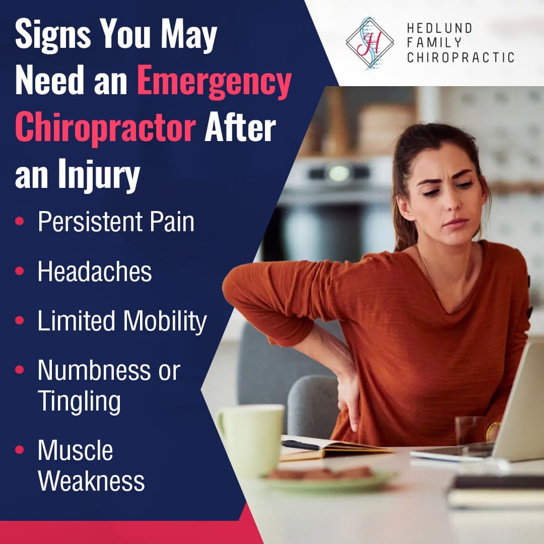 A woman sits at a desk, looking uncomfortable and holding her lower back, illustrating signs of needing an emergency chiropractor. Text lists persistent pain, headaches, limited mobility, numbness or tingling, and muscle weakness as symptoms.